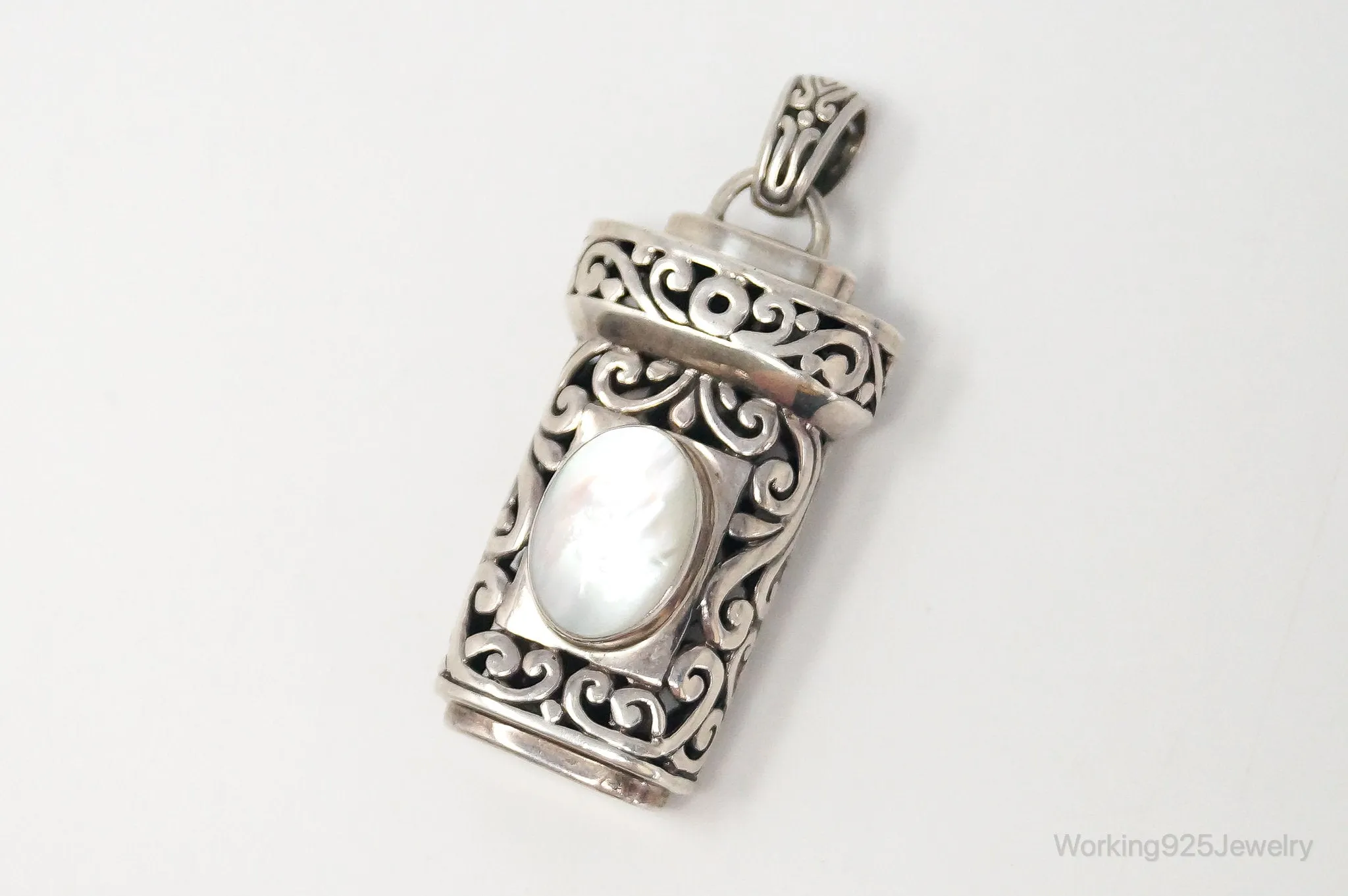 Vintage Large Mother Of Pearl Bali Inspired Sterling Silver Pendant