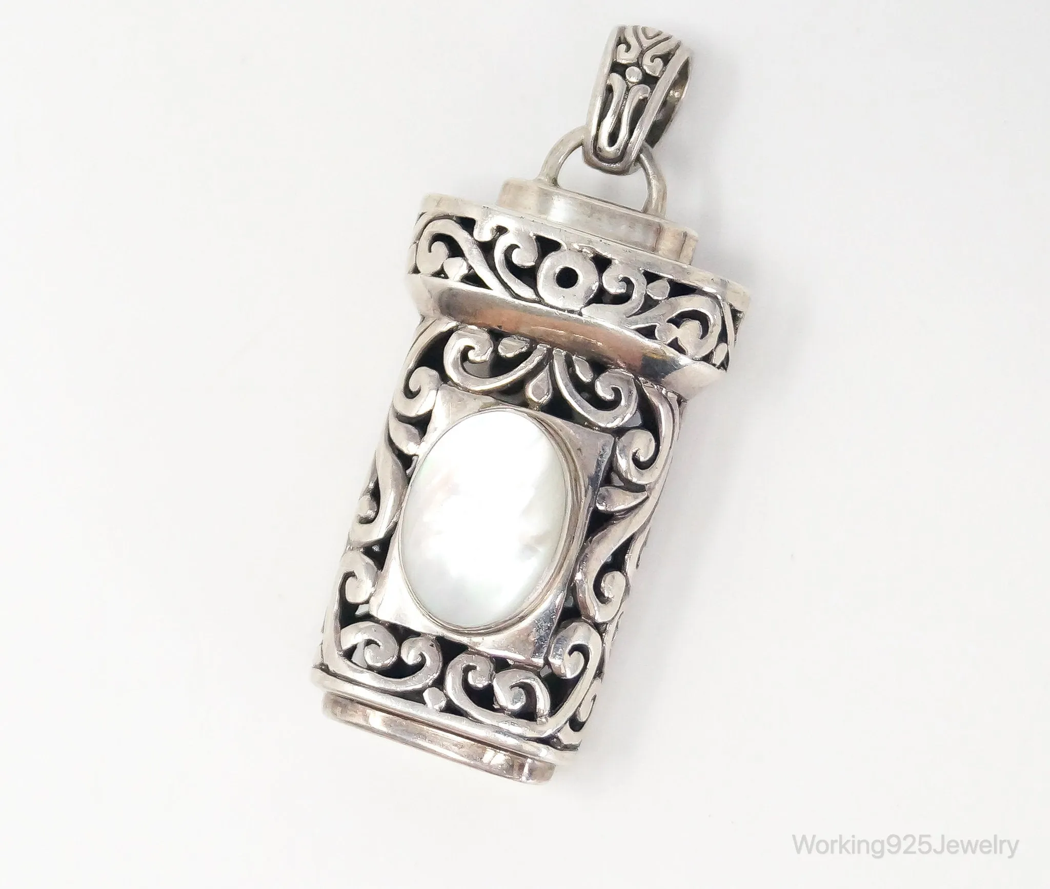 Vintage Large Mother Of Pearl Bali Inspired Sterling Silver Pendant