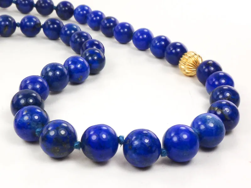 Vintage Long 10k Yellow Gold and Lapis Lazuli Bead Necklace 10 MM 27"