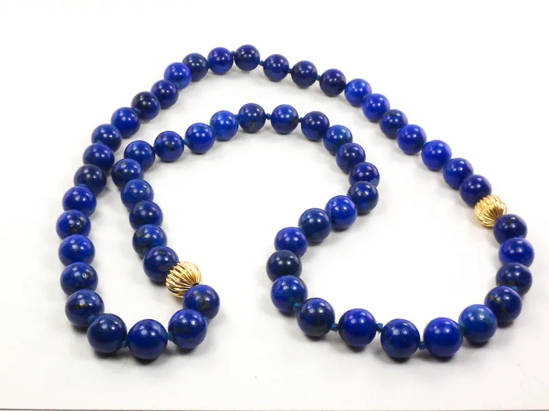 Vintage Long 10k Yellow Gold and Lapis Lazuli Bead Necklace 10 MM 27"