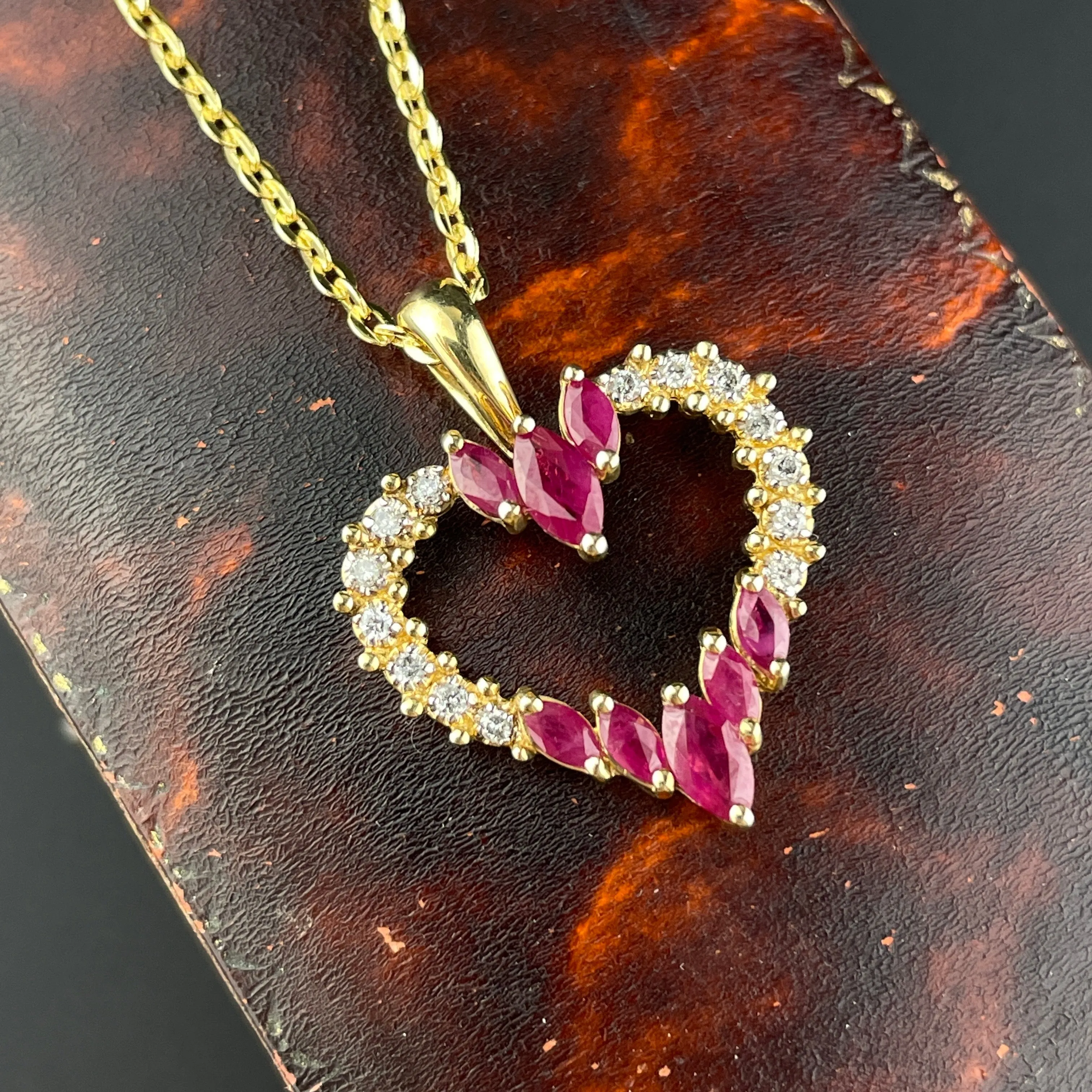 Vintage Ruby Diamond Gold Heart Pendant Necklace