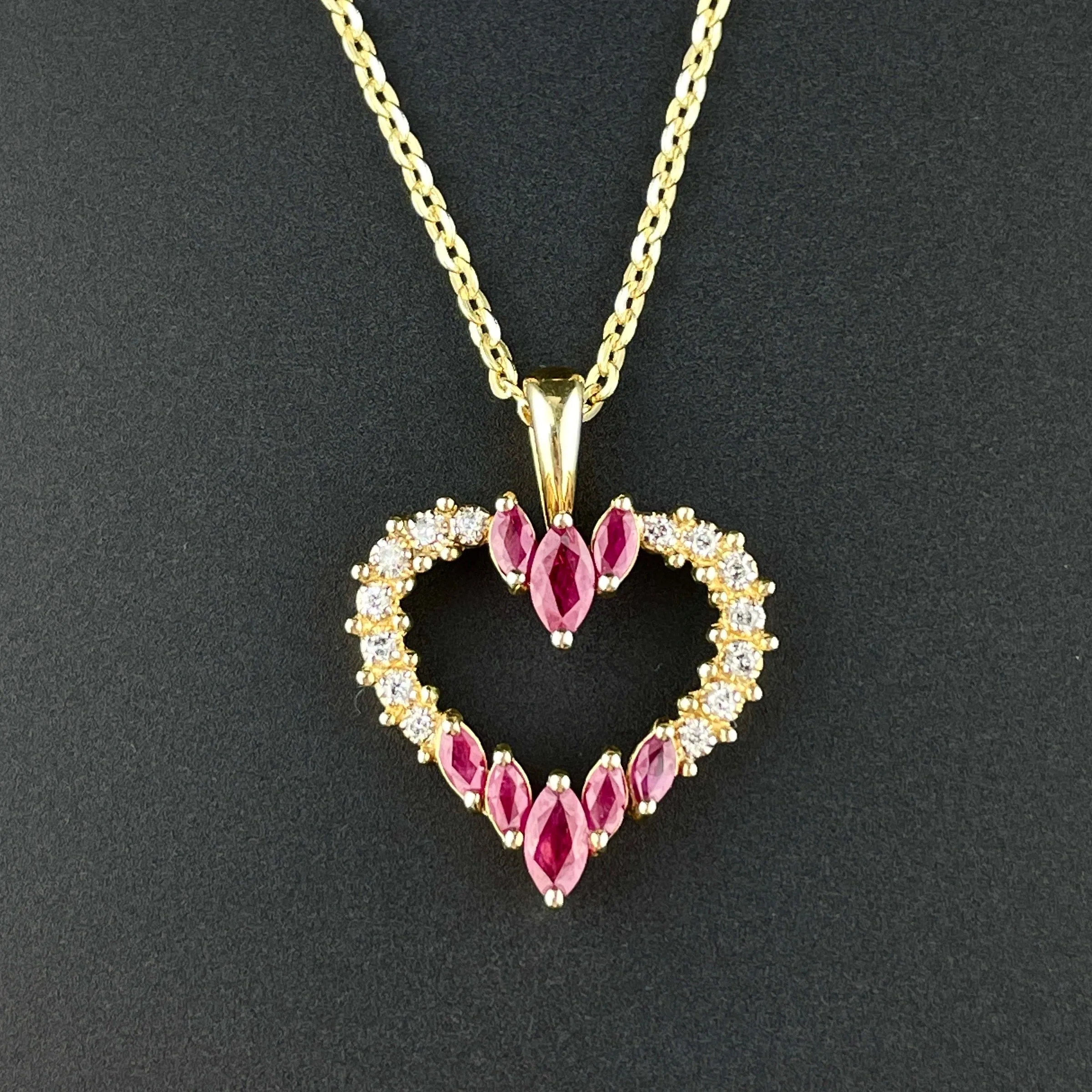 Vintage Ruby Diamond Gold Heart Pendant Necklace