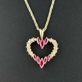 Vintage Ruby Diamond Gold Heart Pendant Necklace