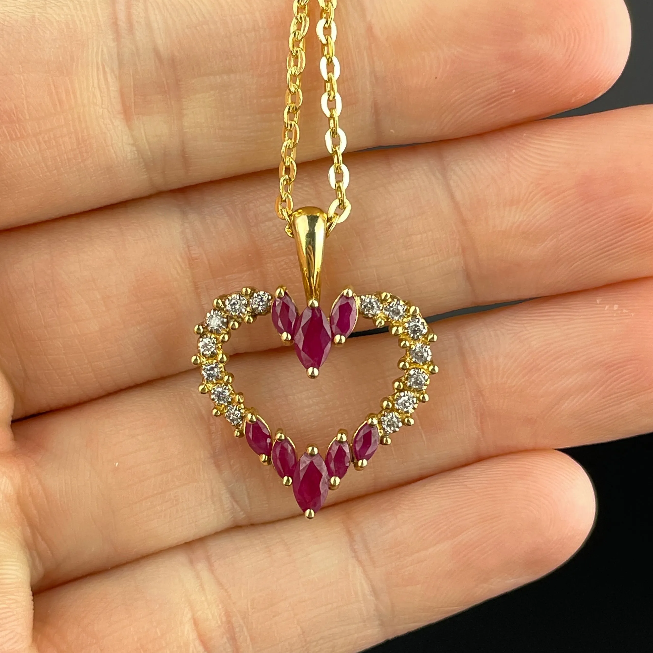 Vintage Ruby Diamond Gold Heart Pendant Necklace