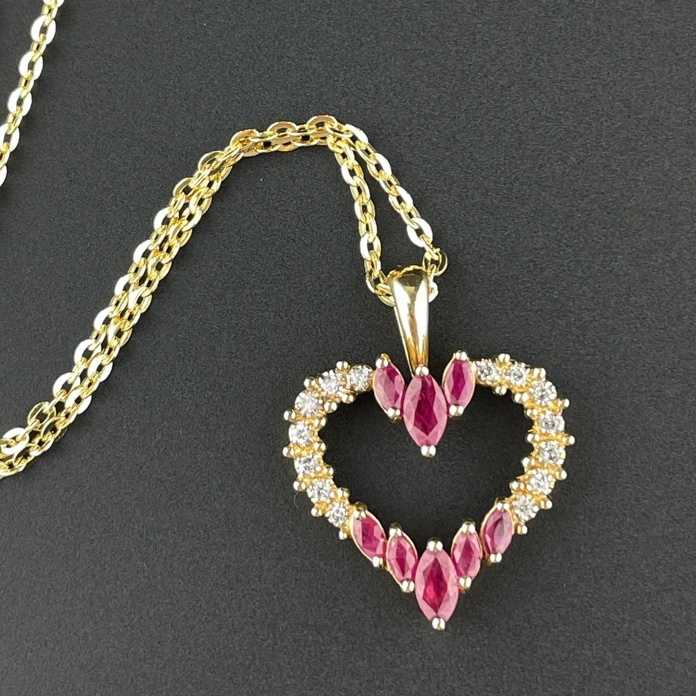 Vintage Ruby Diamond Gold Heart Pendant Necklace