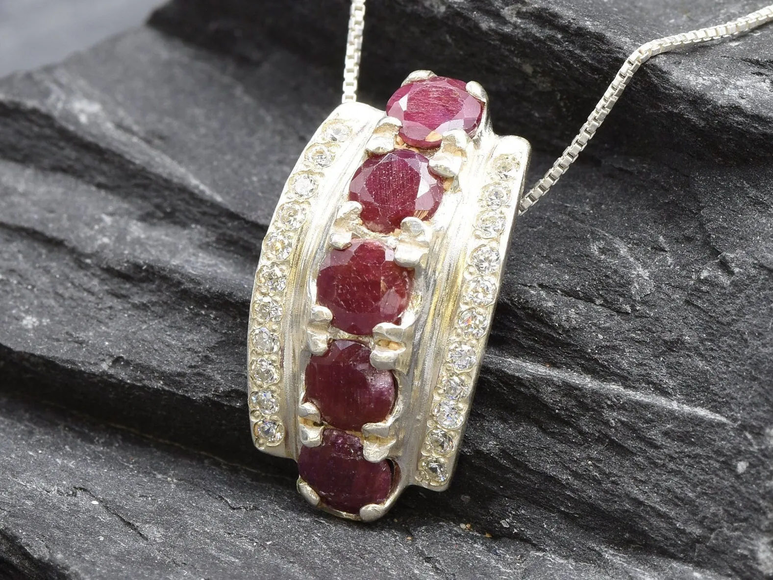 Vintage Ruby Pendant - Red Statement Necklace - Vertical Diamond Necklace