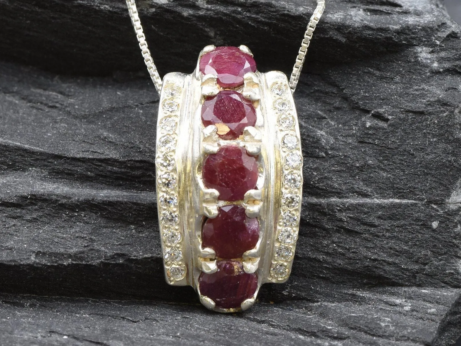 Vintage Ruby Pendant - Red Statement Necklace - Vertical Diamond Necklace