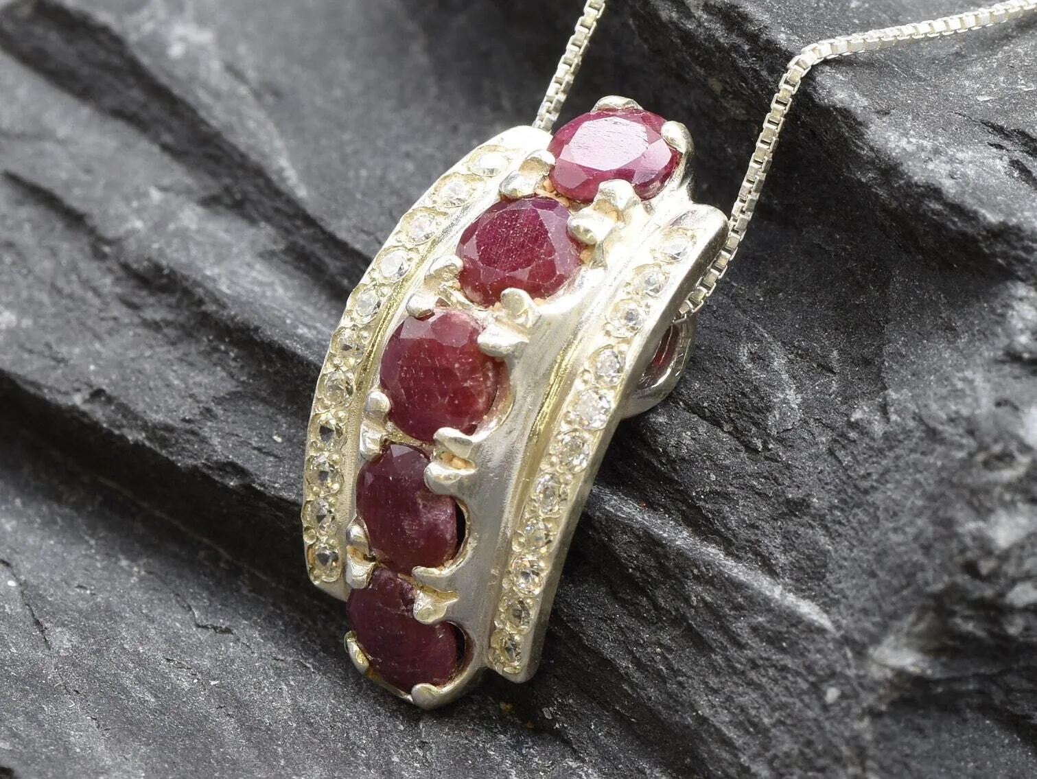 Vintage Ruby Pendant - Red Statement Necklace - Vertical Diamond Necklace