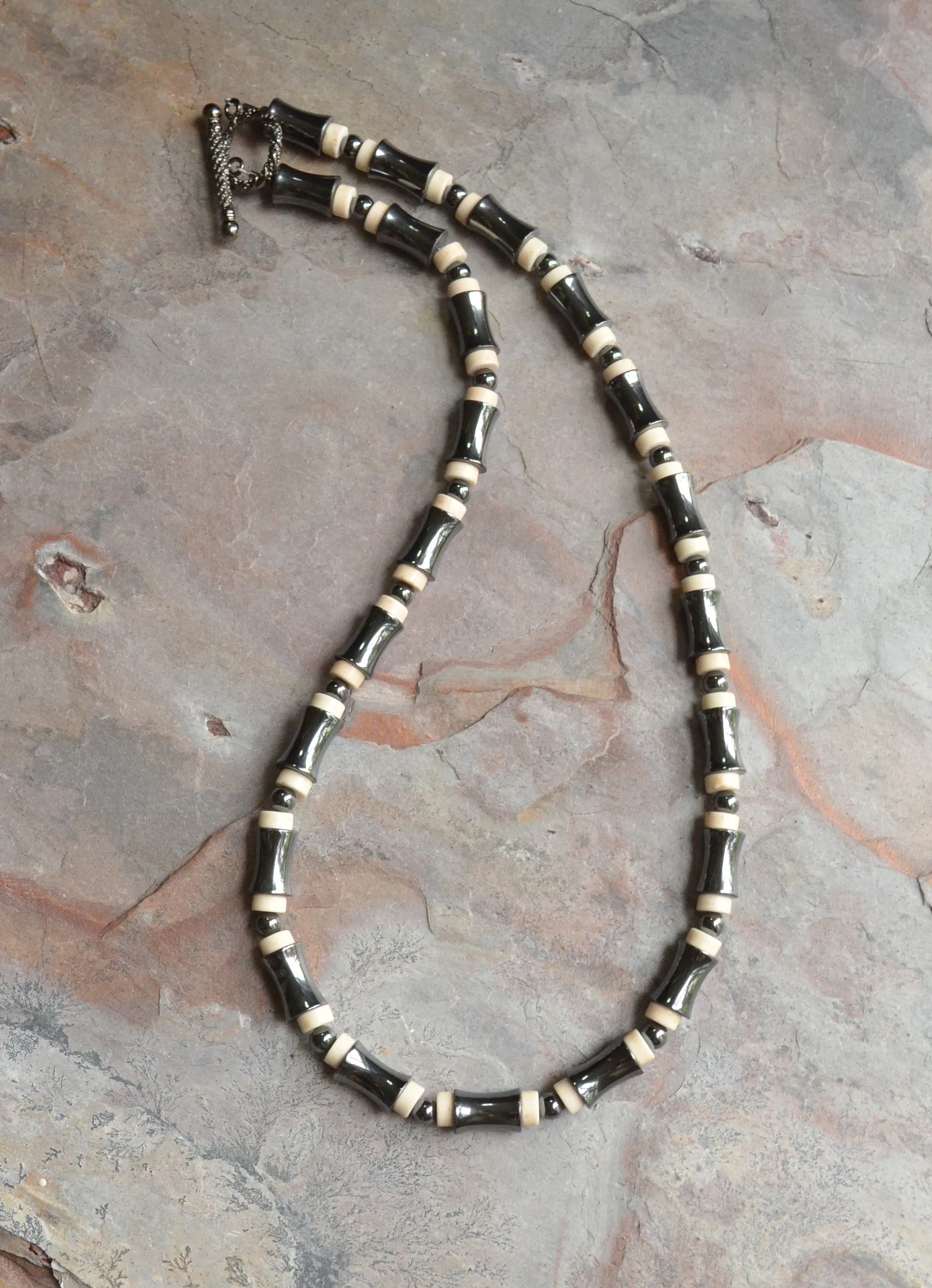 White Hematite Magnesite Gray Mens Beaded Stone Necklace - Landon