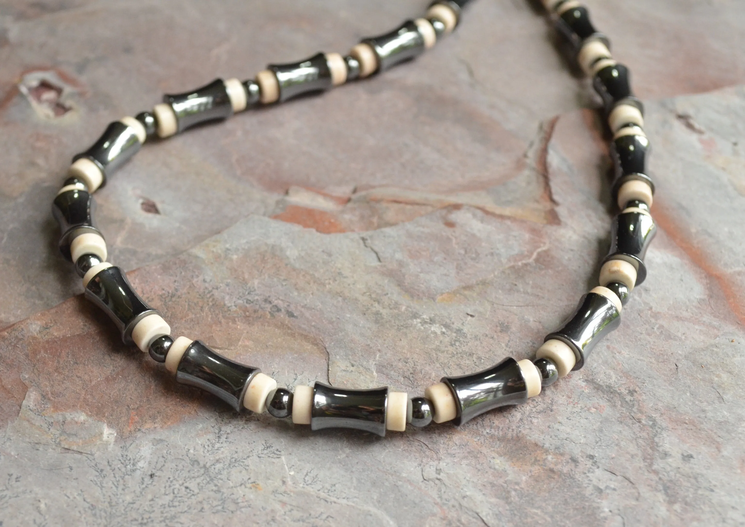 White Hematite Magnesite Gray Mens Beaded Stone Necklace - Landon