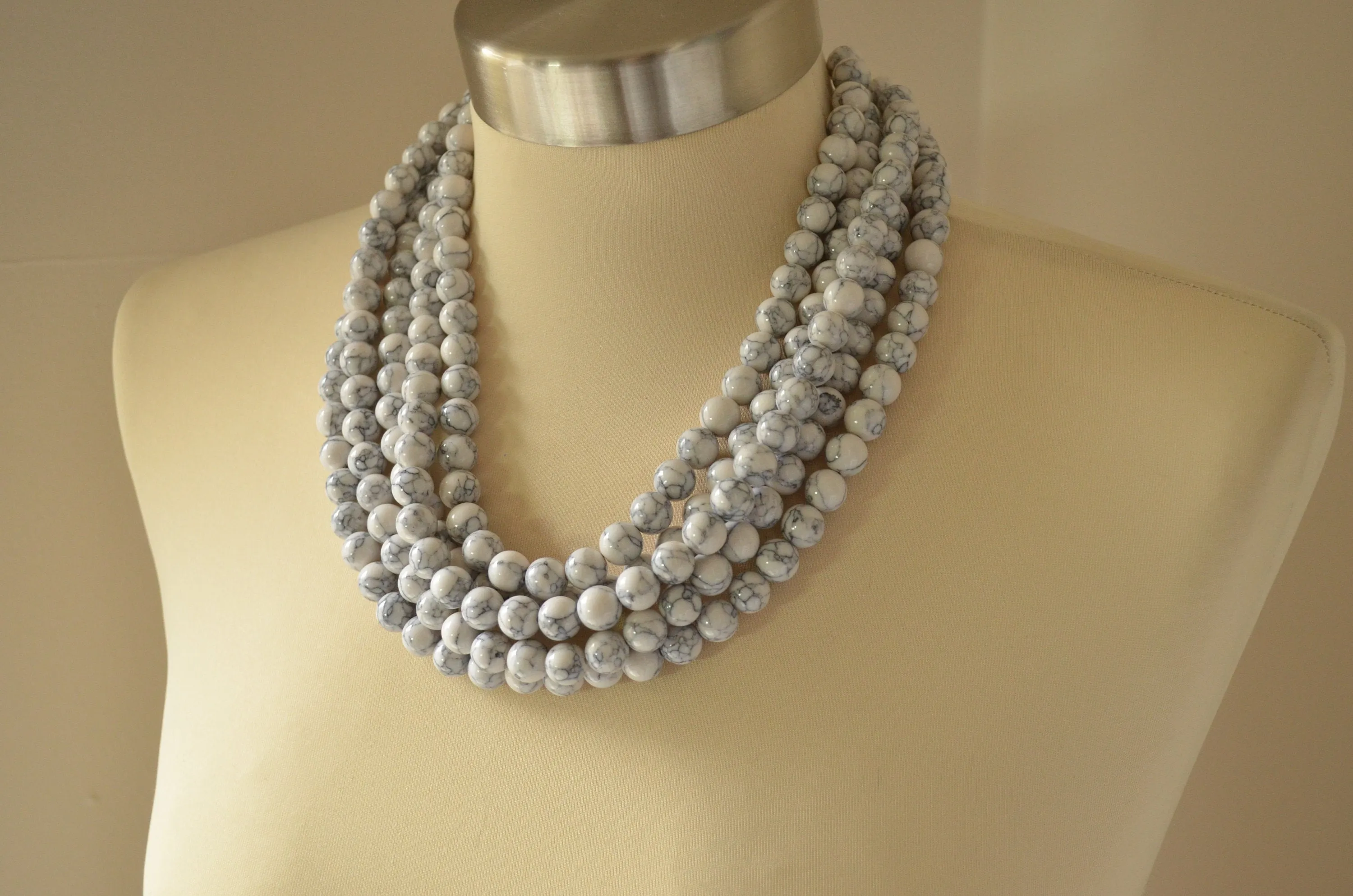 White Howlite Beaded Multi Strand Chunky Statement Necklace - Alana