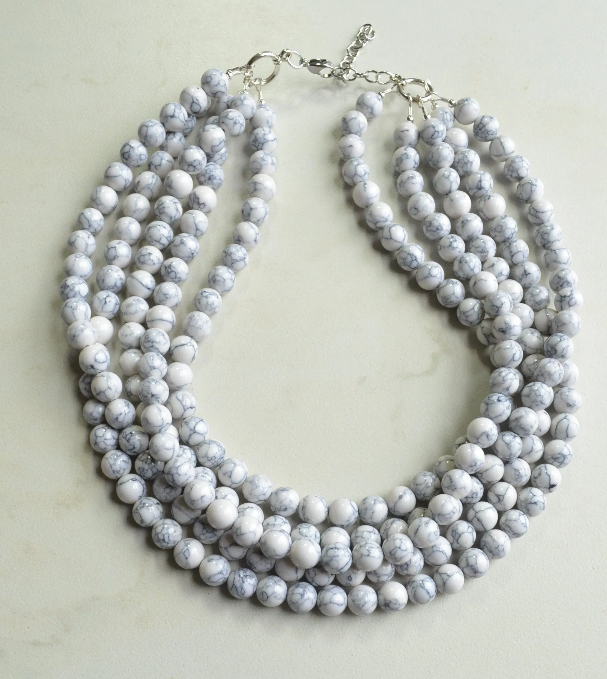 White Howlite Beaded Multi Strand Chunky Statement Necklace - Alana