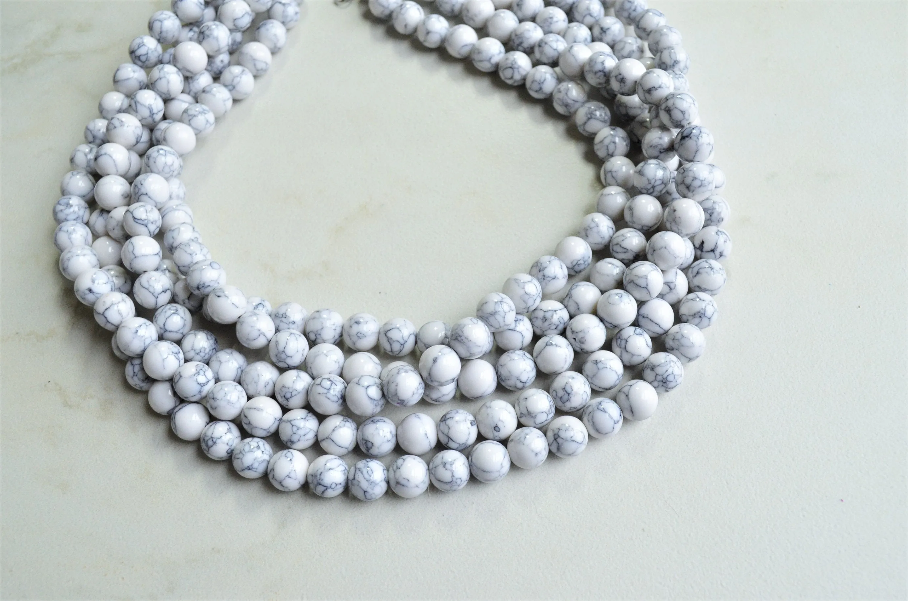 White Howlite Beaded Multi Strand Chunky Statement Necklace - Alana