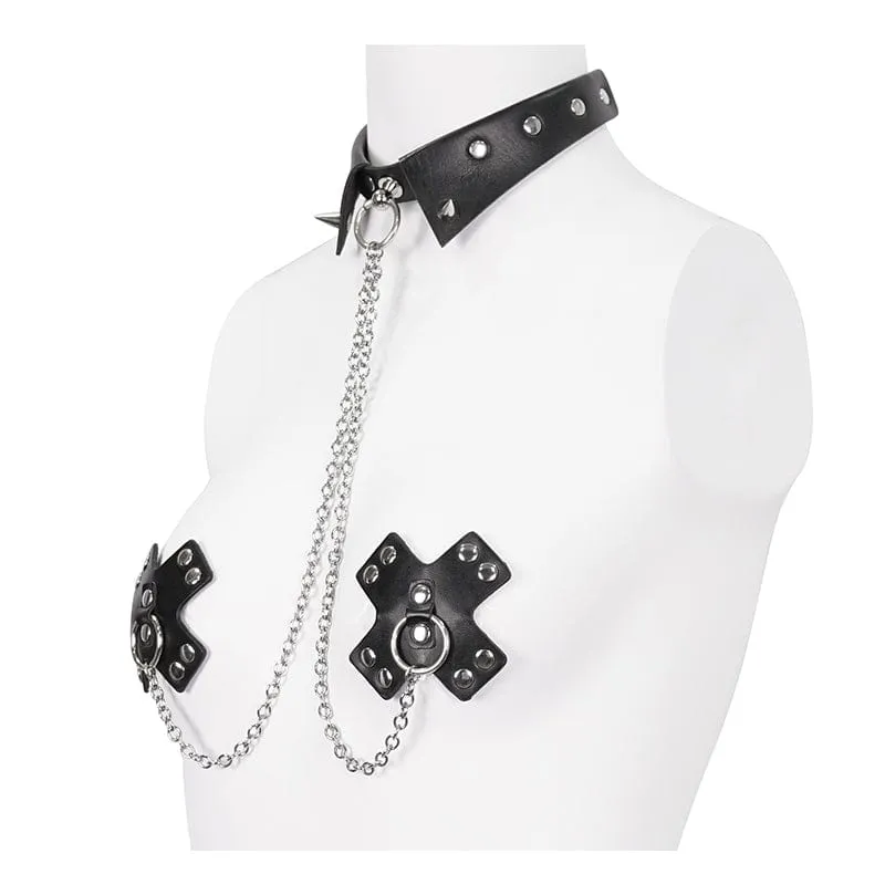 Women's Gothic Studded Chain Choker With Breast Covers