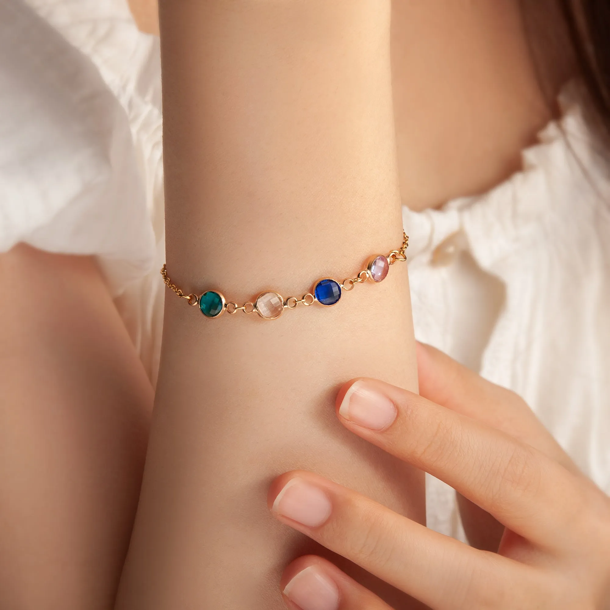 Women's Stainless Steel Connecter Birthstone Charm Bracelet