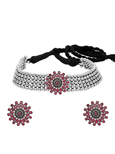 Yellow Chimes Jewellery Set for Women and Girls Traditional Silver Oxidised Jewellery Set Pink Choker Set | Floral Shaped Choker Necklace Set for Women | Birthday Gift For Girls and Women Anniversary Gift for Wife