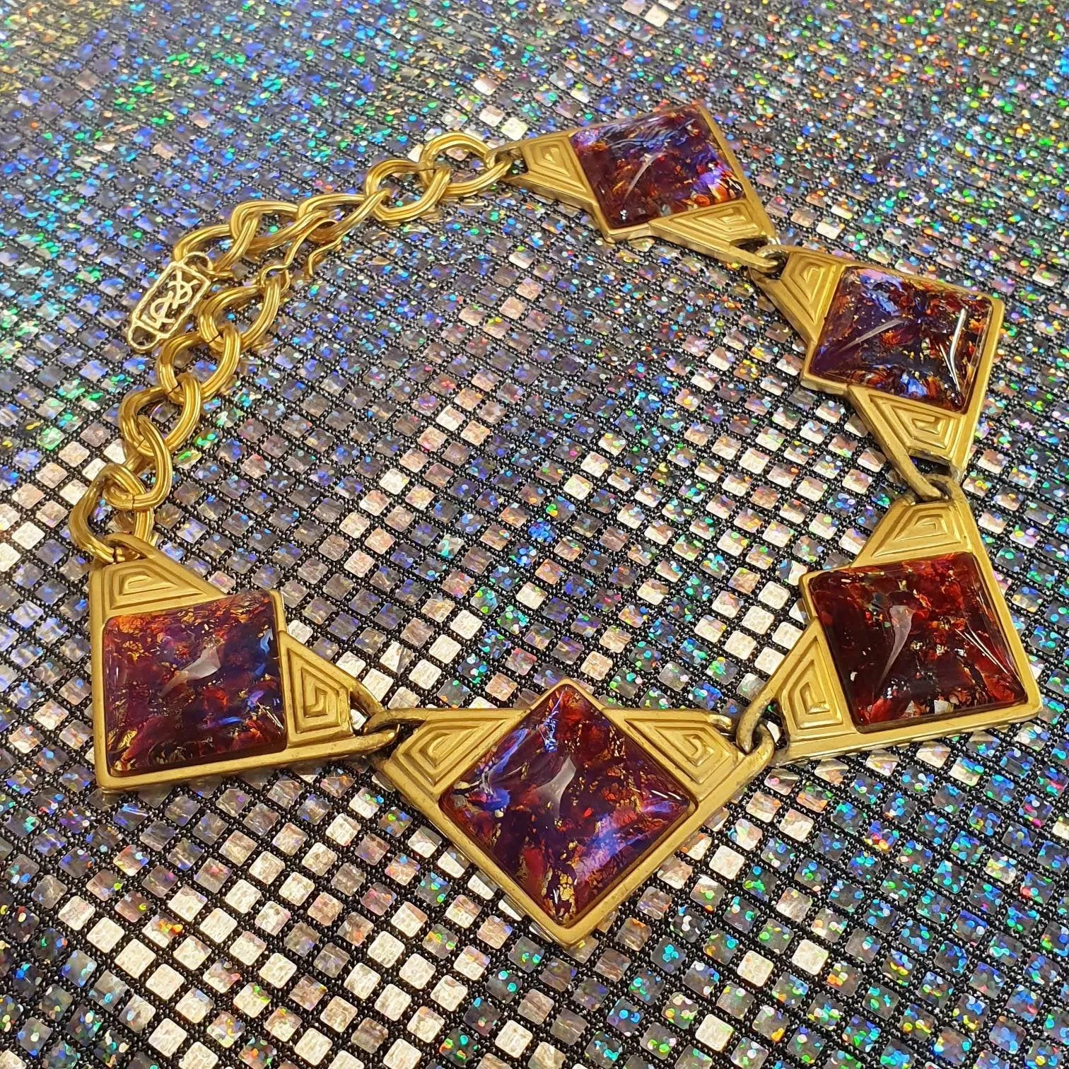 YSL Necklace Gold Pink Purple Dichroic Glass Statement Yves Saint Laurent Vintage