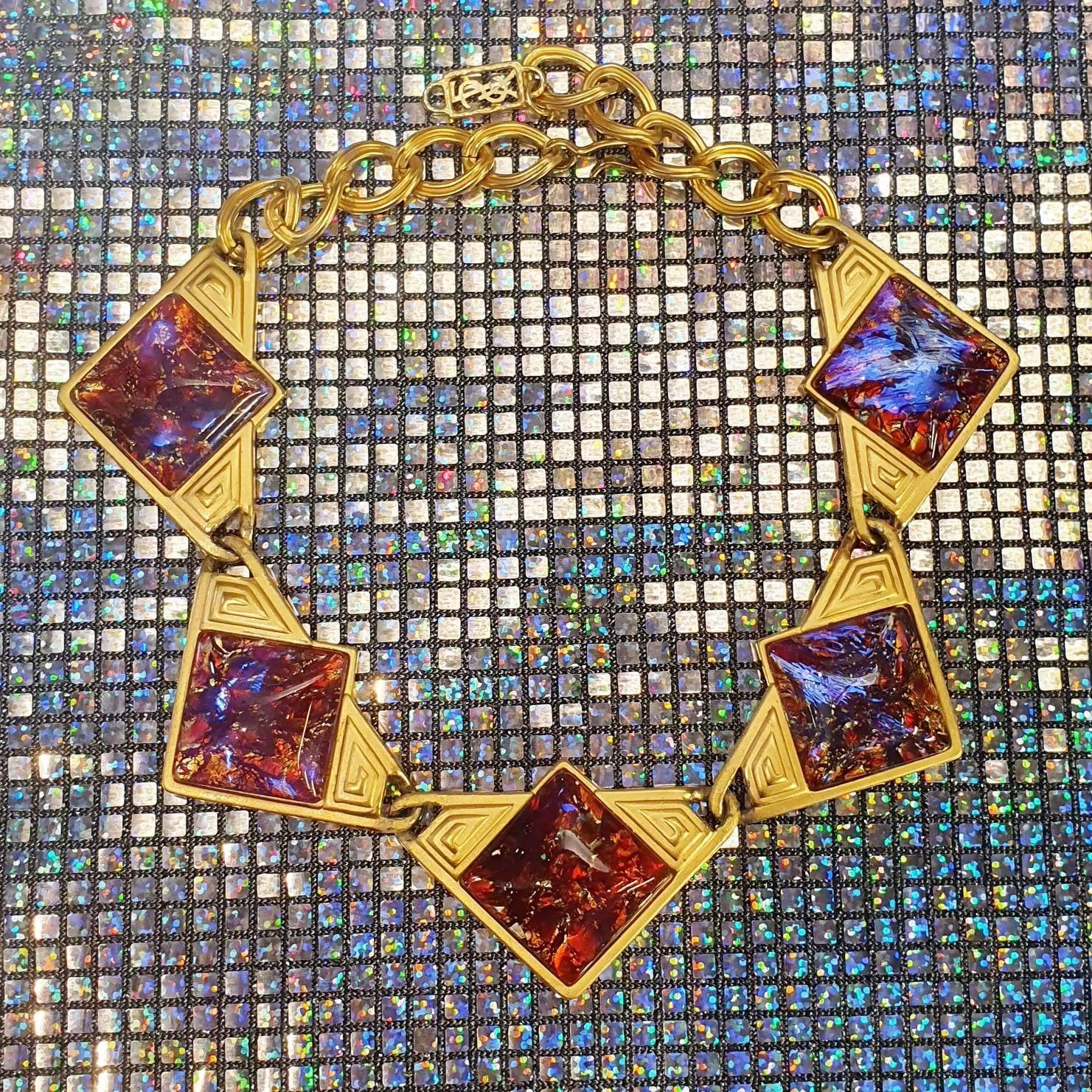 YSL Necklace Gold Pink Purple Dichroic Glass Statement Yves Saint Laurent Vintage