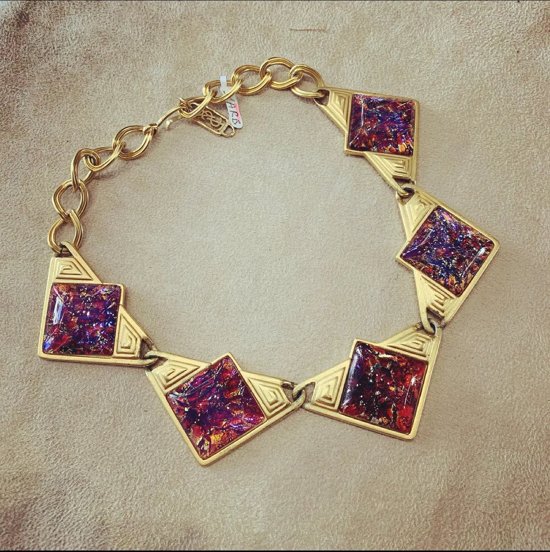 YSL Necklace Gold Pink Purple Dichroic Glass Statement Yves Saint Laurent Vintage