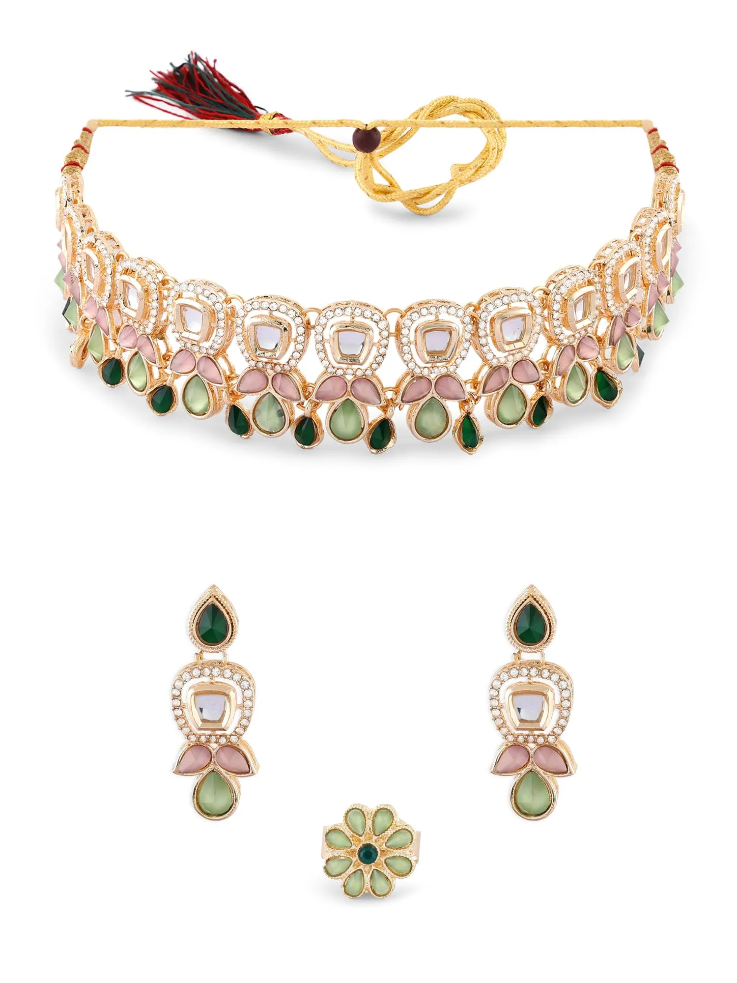 ZAVERI PEARLS Green Pink Stones Austrian Diamonds Embellished Choker Necklace Earring & Ring Set For Women-ZPFK17672