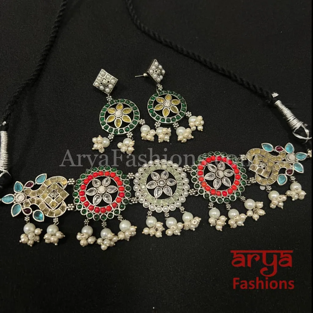 Zeba Designer Oxidized Tribal Choker Necklace with Multicolor Stones